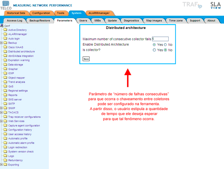 Figura 5: Configuración de tiempo esperado hasta que haya una conmutación entre los colectores. En este caso, es verificada la información de número de errores consecutivos en el envío de informaciones para los colectores. Un colector puede enviar datos cada 5 minutos. En este caso, después de 6 errores consecutivos (que corresponden a 30 minutos), las informaciones serán conmutadas para otro colector.