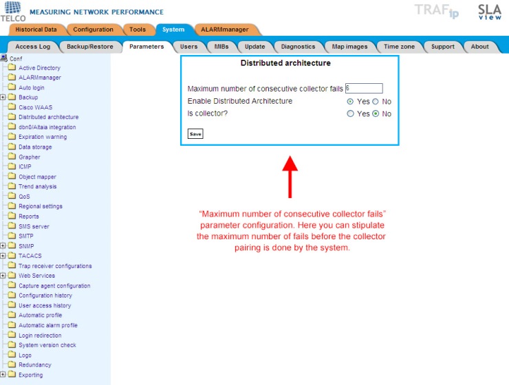 Figure 5: Maximum number of consecutive fails before collectors pairing. When asked, a collector can reply to the consolidator each 5 minutes. In this example after six failures (which represents 30 minutes) all data collected by the failing collector will be redirected to a paired collector.