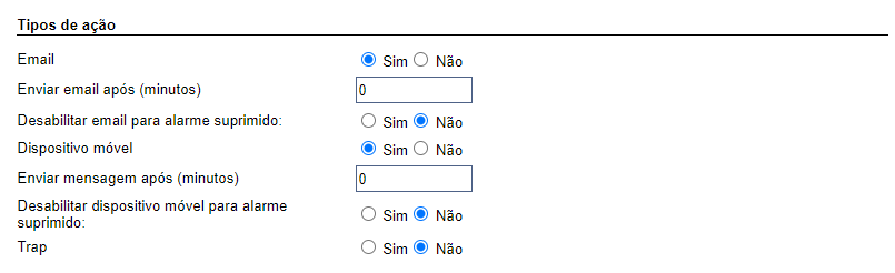 Tipos de ação do formulário de criação de alarmes