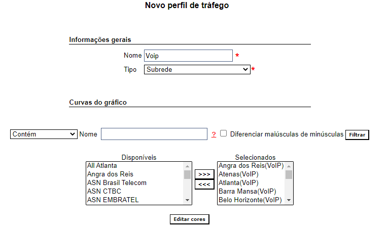 Configuração do tipo, nome do perfil e curvas do gráfico.