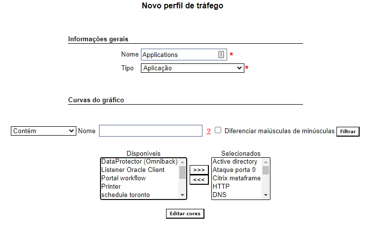 Configuração do tipo, nome do perfil e curvas do gráfico.