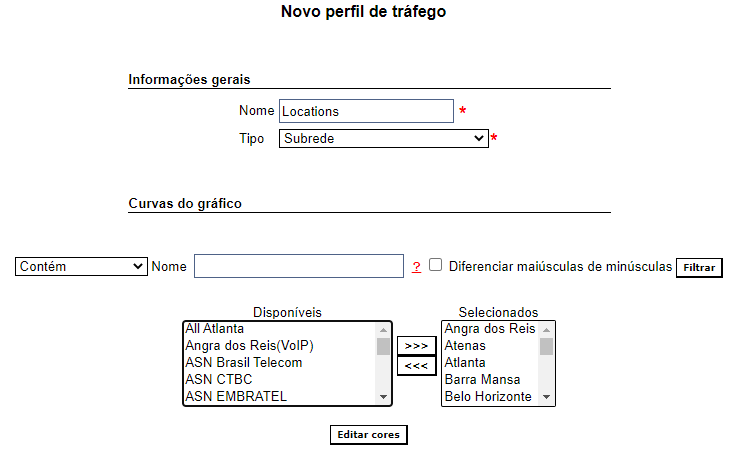 Configuração do tipo, nome do perfil e curvas do gráfico.